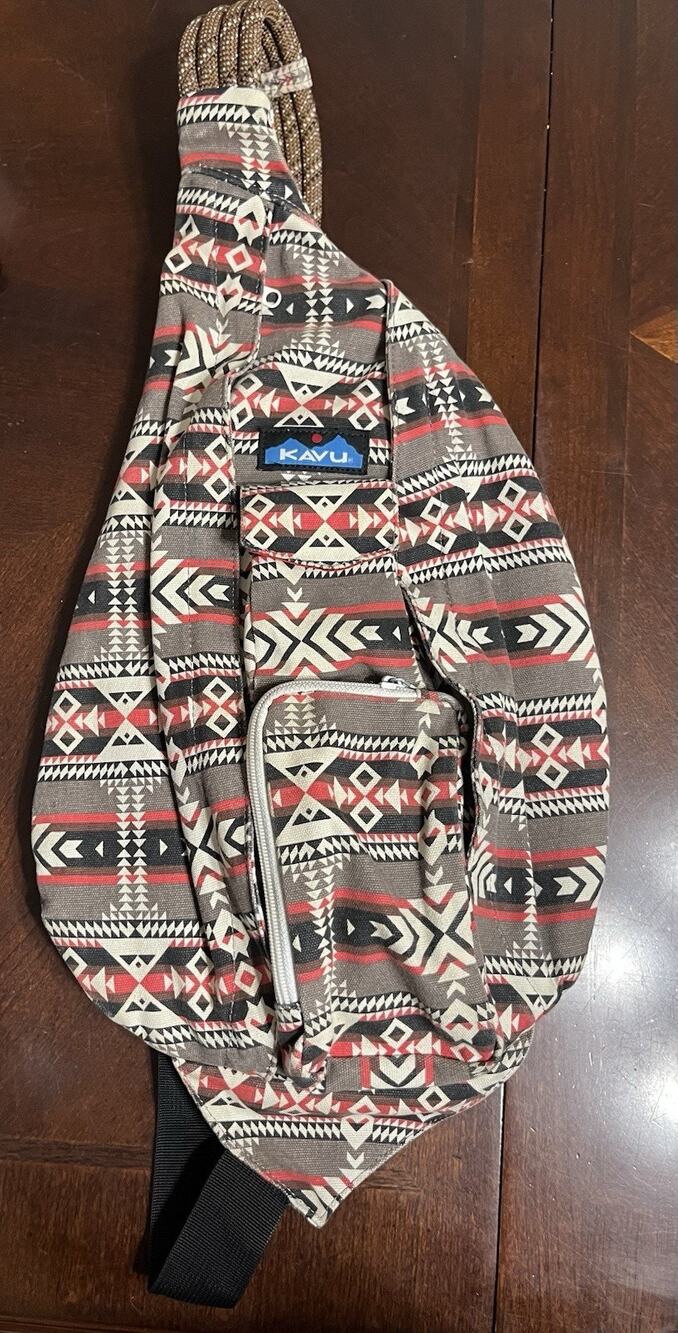 KAVU Cotton Rope Sling Bag Brown Red AZTEC Geometric TRIBAL Shoulder Back Pack